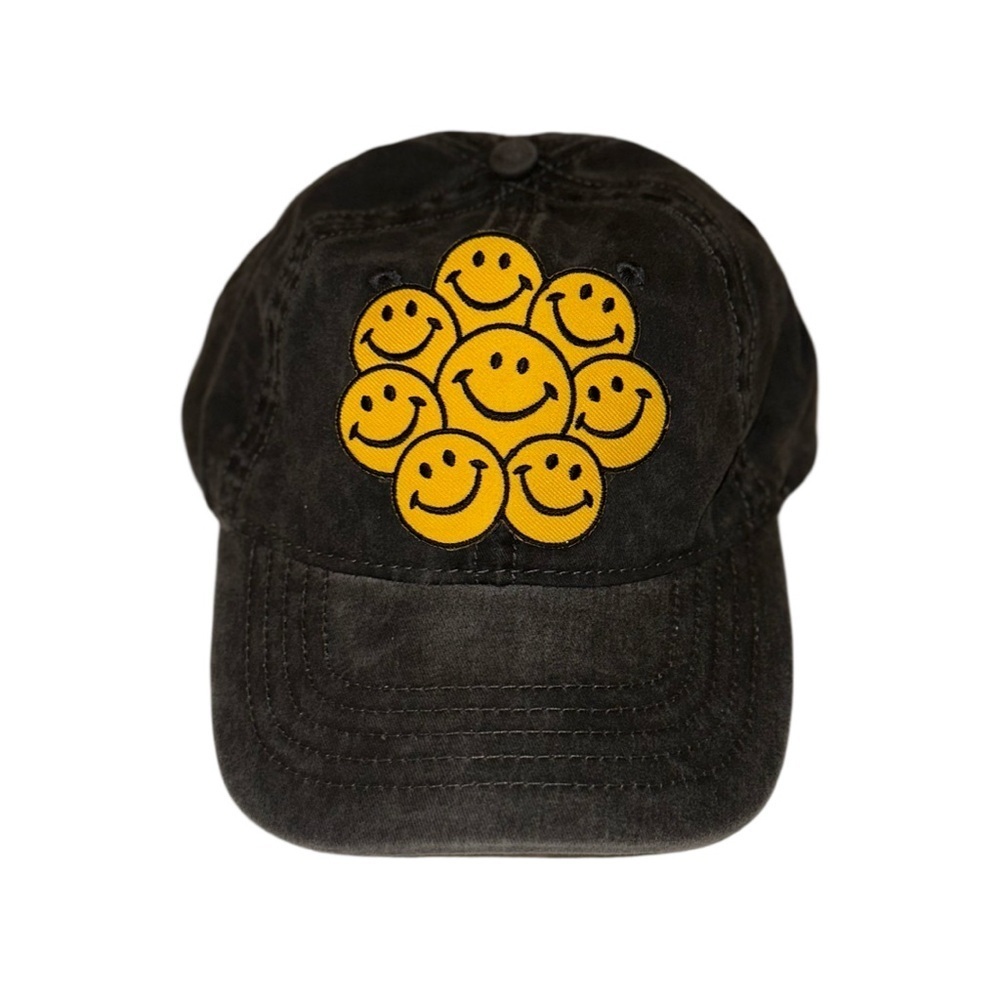 Grey Baseball Hat W/ Smiley Faces Patch
